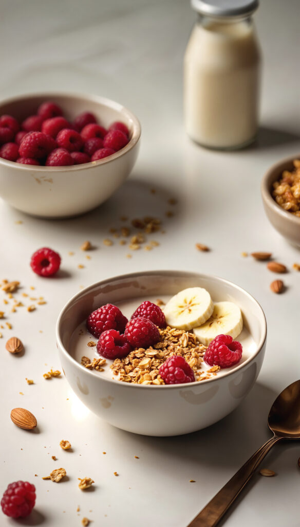 Tre olika burkar med Overnight Oats toppade med bär och nötter