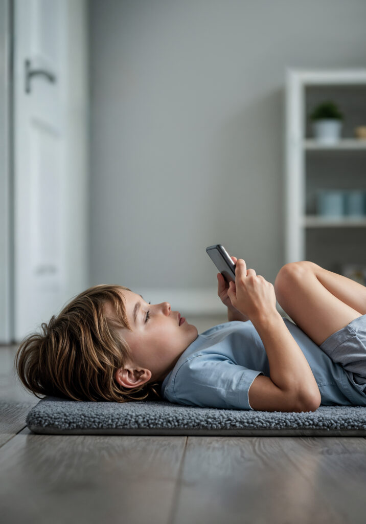 En person som lägger undan sin telefon och tittar ut genom fönstret.