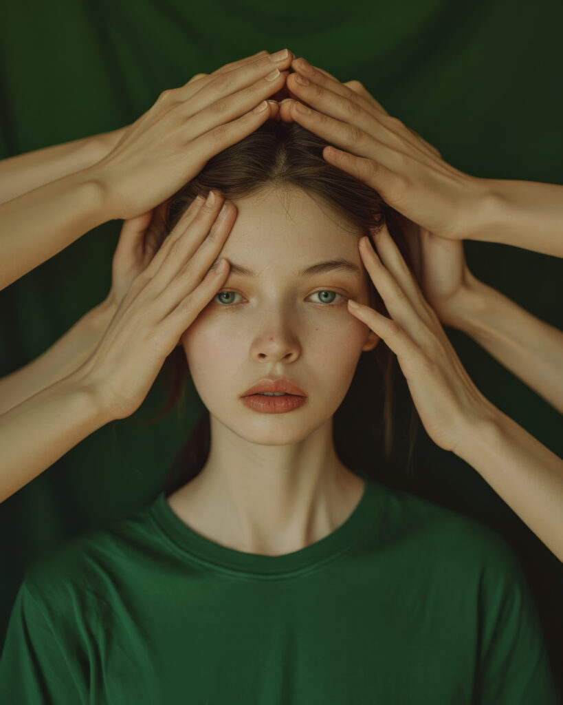 En kvinna som sätter upp händerna för att markera en personlig gräns