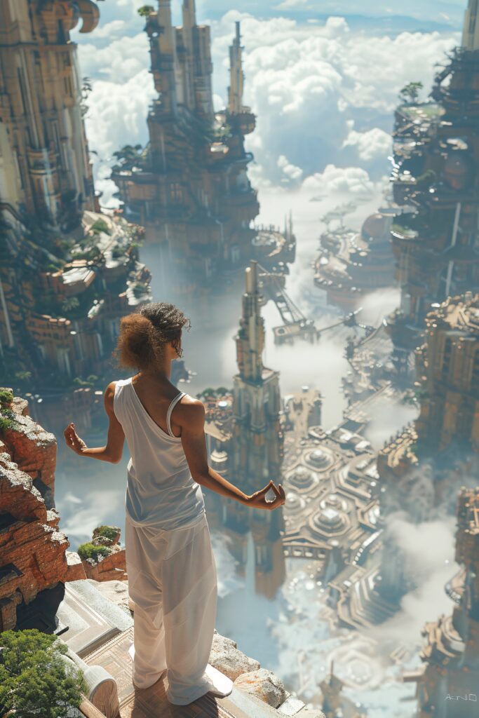 man fantasy setting practicing yoga mindful meditation