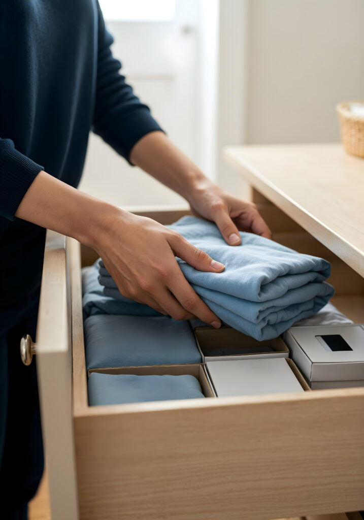 organizing drawer with folded linens