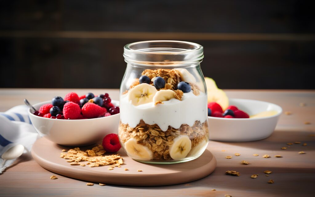 view delicious breakfast bowl with banana assortment fruits